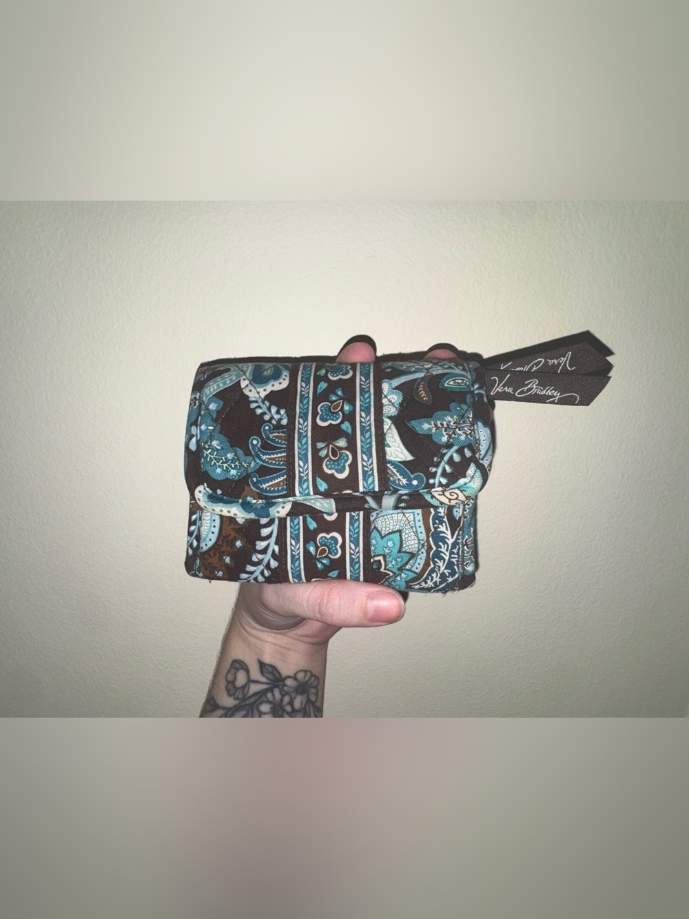 Vera Bradley Java Blue Brown and Teal Paisley Quilted TriFold-Over Wallet